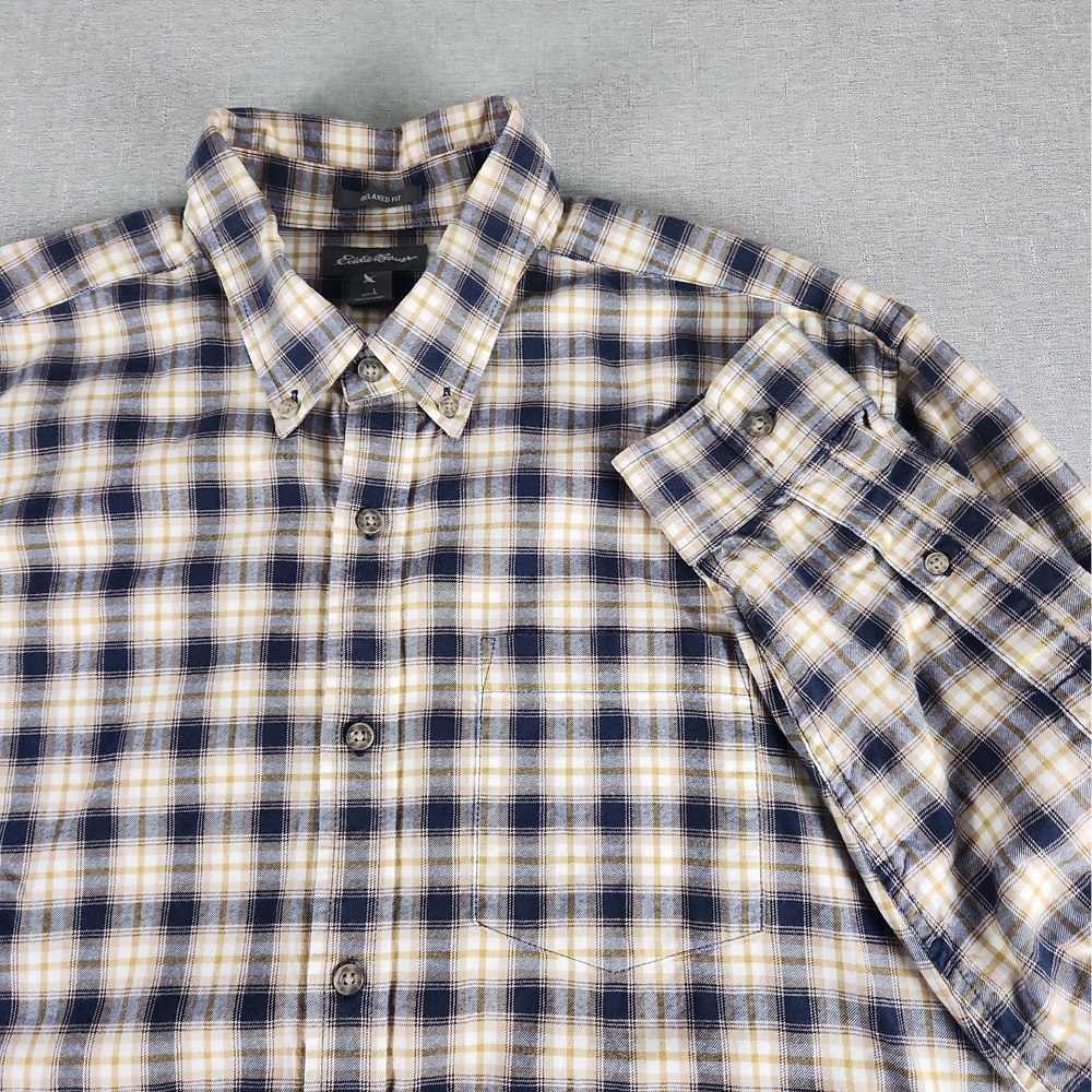 Eddie Bauer Mens Large Blue Plaid Relaxed Fit Button Down Cotton Flannel Shirt